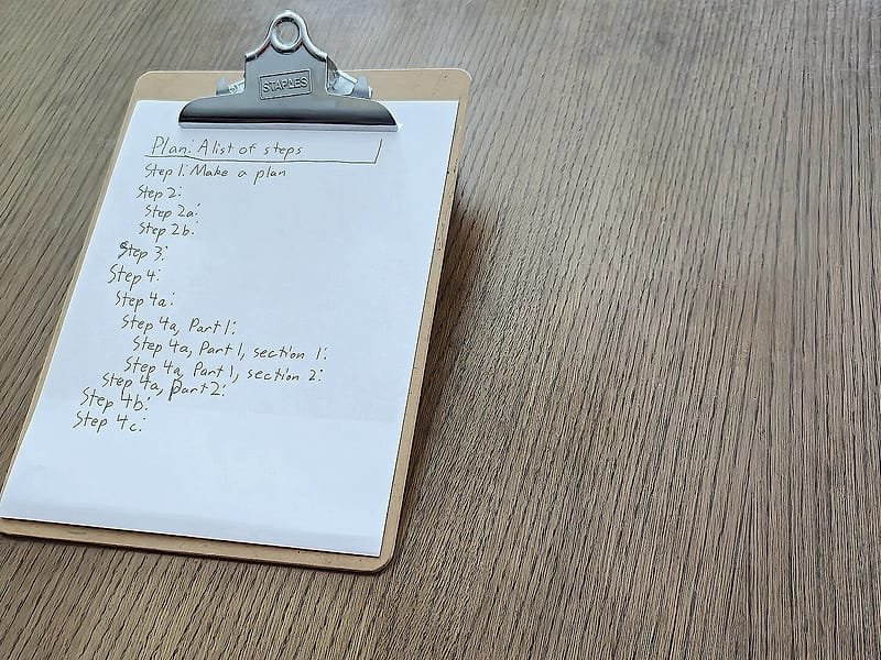 A clipboard with a handwritten list of steps on a table